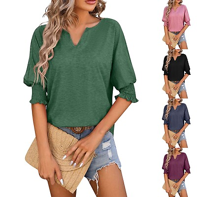 #ad Womens Tops Summer Casual Loose Solid Color V Neck T shirt Quarter sleeve Casual