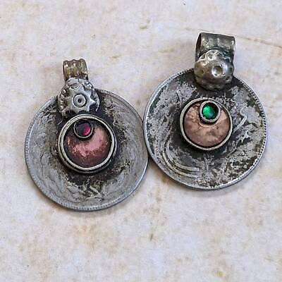 #ad Pair Well Worn Vintage Kuchi Tribal Coins Pale Pink Moons Ethnic Jewelry 15830