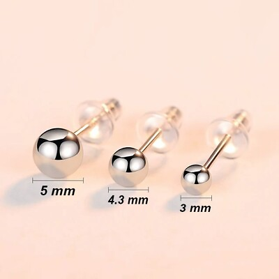 #ad 925 Sterling Silver Ball Stud Earrings For Women Men 3mm 4.3mm 5mm Unisex