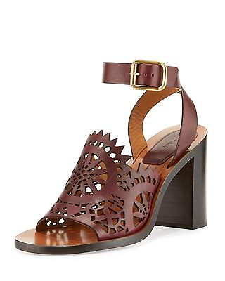#ad Chloe Kelby Crocheted Leather Block Heel Sandal Bordeaux $815 Size 38