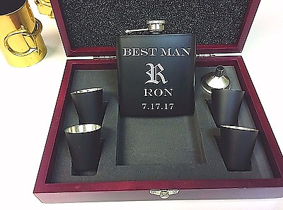#ad 6 Personalized Engraved Flask Groomsmen Wedding Party Gift Sets Custom Wood Case