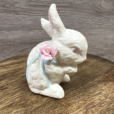 #ad Vintage White Easter Bunny Rabbit Figurine Figure 3.75” Pink Flower Porcelain