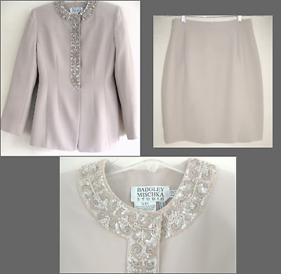 #ad Badgley Mischka skirt suit 6 Sequins Formal Champagne beige Light brown Evening