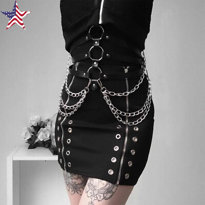#ad Women Punk Sexy PU Leather Body Suspender Strap with Metal Chain Black Choker