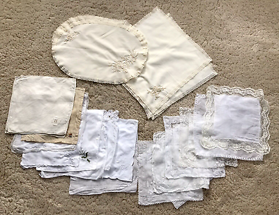 #ad 25 Mix lot white beige handkerchiefs napkins table linens embroidered lace trim