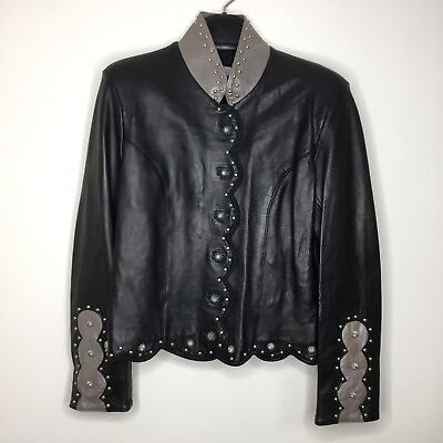 #ad ARELLA LEATHER Black Silver Jacket Concho Studded Western Embellished Large