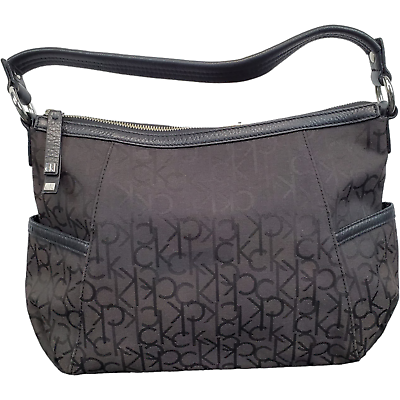 #ad Calvin Klein Trim Hobo Handbag Womens Black Leather Signature Logo Side Pockets