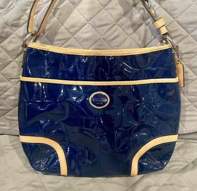 #ad COACH PEYTON SIGNATURE BLUE EMBOSSED PATENT LEATHER