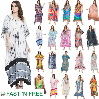 Women Boho Kaftan Kimono Maxi Dress Beach Holiday Plus Size Loose Long Sundress $13.99