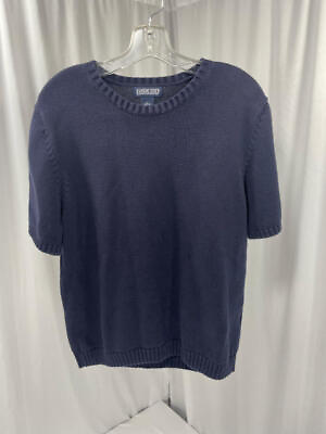 #ad Lands End Womens Pullover Sweater Knitted Short Sleeve Top Navy Blue Size Large