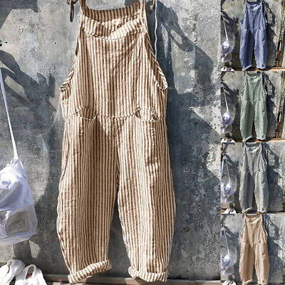 #ad Women Striped Dungarees Jumpsuit Playsuit Casual Overalls Baggy Romper Pants US