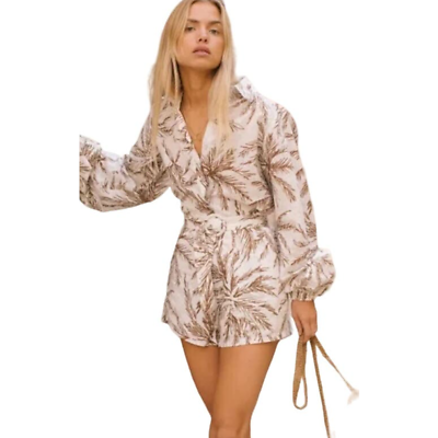 #ad Charlie Holiday Women#x27;s 6 Lola Brown and White Palm Tree Belted Romper