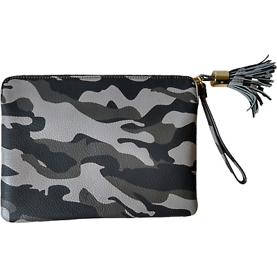 G.I.L.I. Leather Haloguard Pouch Wristlet Gray Camo Mesh Lined Tassel $21.00