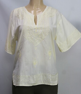 #ad Vintage 70#x27;s Nina Leslie Women#x27;s Boho Hippie Top Embroidered Yellow Size L