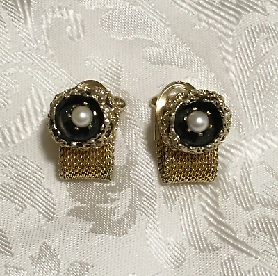#ad Vintage Faux Pearl Wrap Around Gold Tone Mesh Cuff Links unbranded