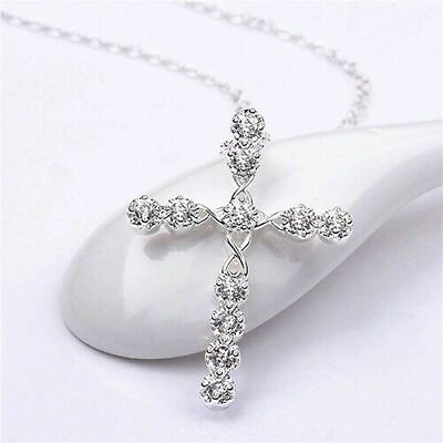 #ad Women#x27;s Silver Plated Cubic CZ Crystal Cross Pendant Necklace Lab Created