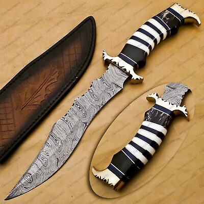 #ad Handmade Damascus Custom Steel Hunting Bowie Knife Fixed Blade with Sheath