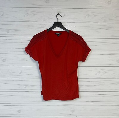 #ad Womens Ralph Lauren top size large short sleeve v neck solid red stretch
