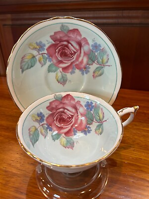 #ad Paragon Tea Cup amp; Saucer Pink Cabbage Rose Blue Cup Gold Trim Double Warrant