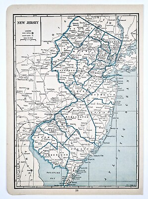 #ad 1934 Map NEW JERSEY County Township Railroads Hoboken Atlantic City Fort Hancock
