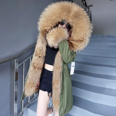 #ad Woman Real Fur Coat Parkas Jacket Fur Collar Natural Fur Liner Hooded Parkas