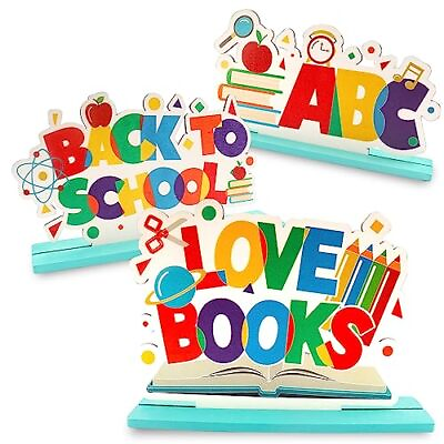 #ad 3 Pieces Back to School Wooden Table Centerpiece Love Books Table Topper Back...