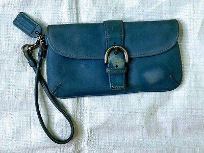 #ad COACH Pouch Wristlet Wallet Snap Closure Blue Leather Size 7x3.5