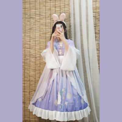 #ad Women Hanfu Rabbit Embroidery Lolita Long Sleeve Ruffle Cute Style Dress