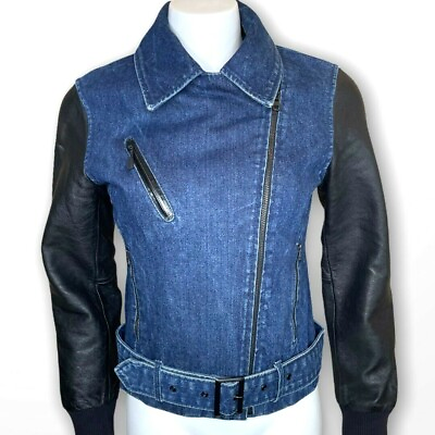 #ad Nike Womens Moto Jacket M Denim Leather Belted Asymmetric Zip Stretch NSW 452663