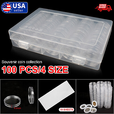 #ad 100PCS 30mm Silver Gold Coin Cases Capsules Holder Clear Plastic Round Storage