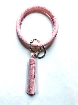 #ad Faux Leather Wristlet Keychain Bracelet Pink with Tassel NEW