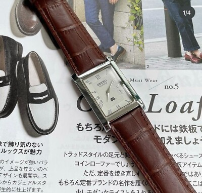 #ad Seiko Slim Quartz WHITE FACE New Battery BROWN BAND Japanese Men#x27;s Wrist Watch