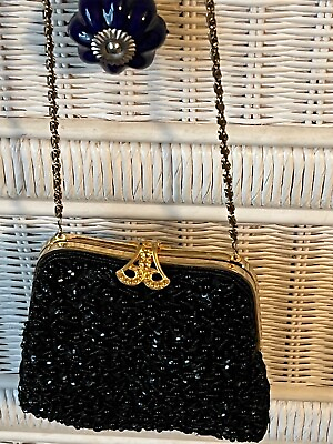 #ad Vintage Imperial Fashions Black Evening Bag black Beaded long gold chain small