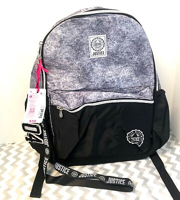 #ad Justice Girls Backpack New With Tags Grey amp; Black With Lanyard