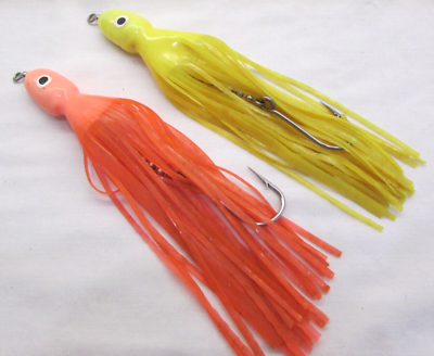 #ad 8quot; Squid Trolling Lure Rigged 3 1 2oz Yellow Fluorescent Orange Big Game 2 Z53