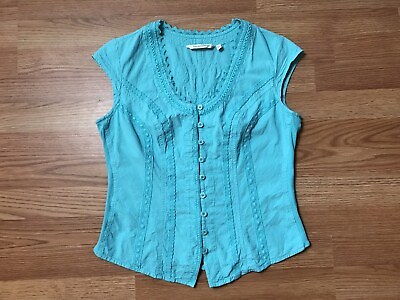 #ad Soft Surroundings Blue Top Womens PS Embroidered Lace Stitches Scoop Neck Button