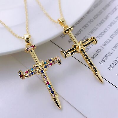 #ad 14K Gold Personality Hip Hop Clavicle Chain Nail Cross Necklace Pendant