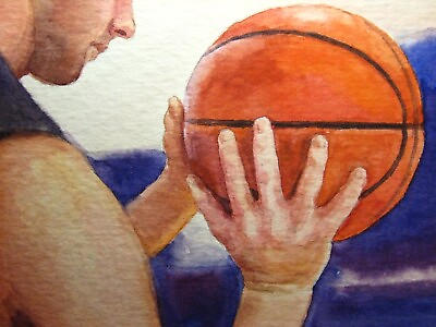 #ad Watercolor Painting Sport Basketball Ball Man Hand ACEO Art #x27;