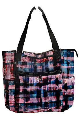 #ad Kipling Tote Bag Nylon Multicolor Plaid Pockets Logo Zip Closure Travel