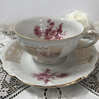 #ad Vintage Royal Castle Bone China Cup and Saucer Made In Germany Rose w Gold Trim