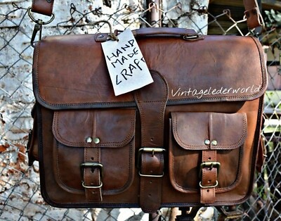 Goat Leather Messenger Real Satchel Men#x27;s 15quot; Bag Genuine Laptop Brown Briefcase $45.30