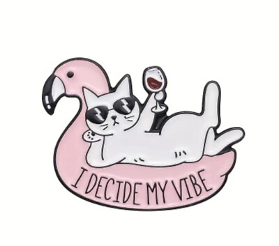#ad Cute White Cat Enamel Pin quot;I Decide My Vibequot; Kitty Kitten Wine Sunglasses Pool