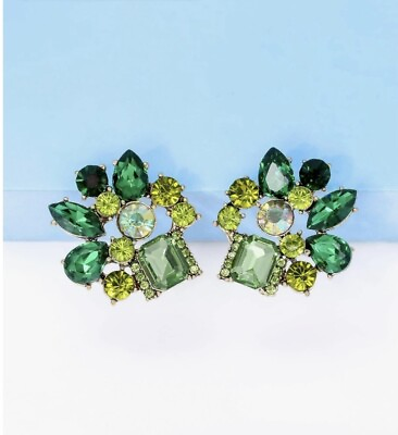 #ad Betsey Johnson Earrings Green Rhinestone Cluster Decor Stud New Crystal