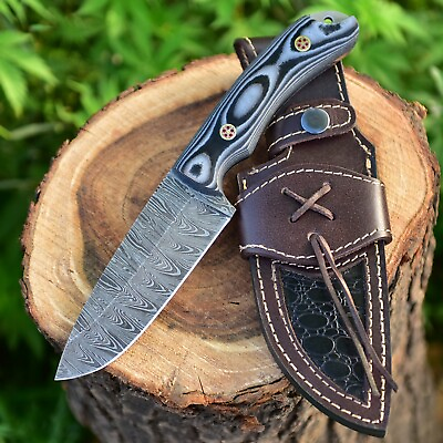 #ad Custom Handmade Damascus Steel Hunting Knife Fixed Blade With Leather Sheath