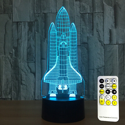#ad 3D Space Rocket Night Light 7 Color Changing LED Table Lamp W Remote Control H