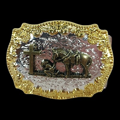 #ad Western Belt Buckle Horse Praying Cowboy at Cross Silver Gold Tone Rodeo Fashion