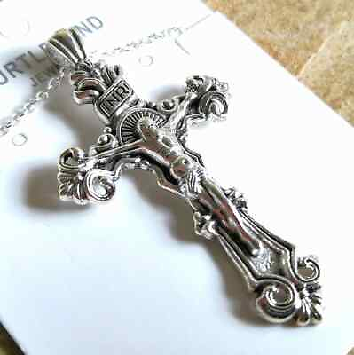 #ad 925 Sterling Silver 3D Christian Jesus Christ Cross Catholic Crucifix Necklace