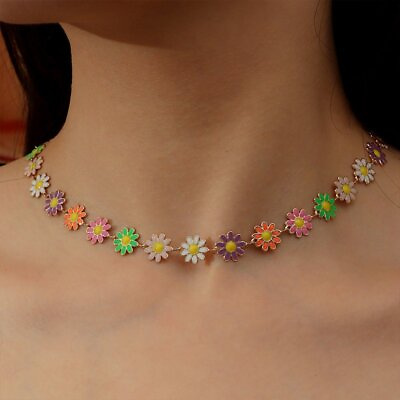 #ad Retro Colorful Flower Enamel Daisy Choker Necklace Chain Women Boho Jewelry Gift