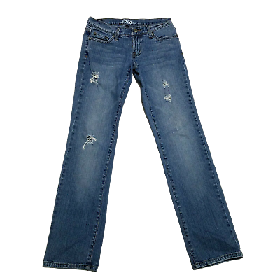 #ad Lolo Distressed Denim Jeans Sz 5 Blue Straight Low Rise 30quot; Inseam