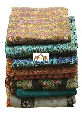 #ad Vintage 100%Silk Sari Reversible Scarves Scarf Wraps Kantha Embroidered Lot 10